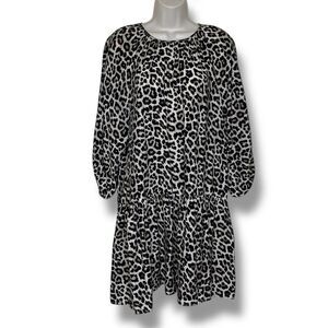 H&M Leopard Animal Print Boho Puff Sleeve Round Neck Flounce Dress Women Size XS